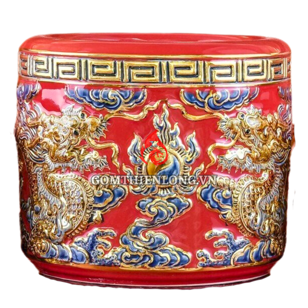 Bát Hương Vẽ Vàng Màu Đỏ Đắp Nổi Rồng 231015