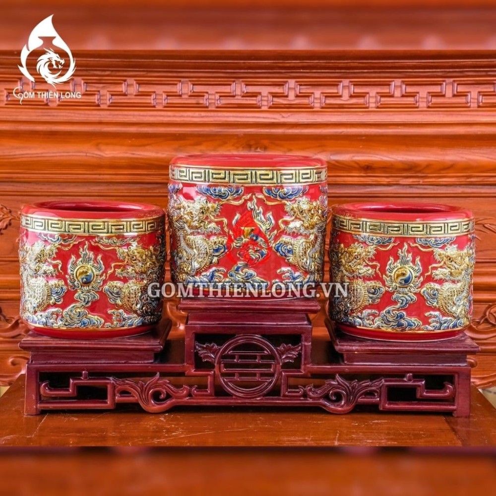 Bát Hương Vẽ Vàng Màu Đỏ Đắp Nổi Rồng 231015