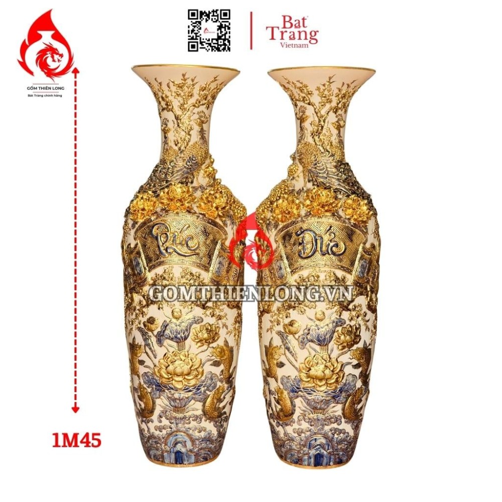 Lộc Bình Bát Tràng Vẽ Vàng Đắp Nổi Phúc Đức 230124