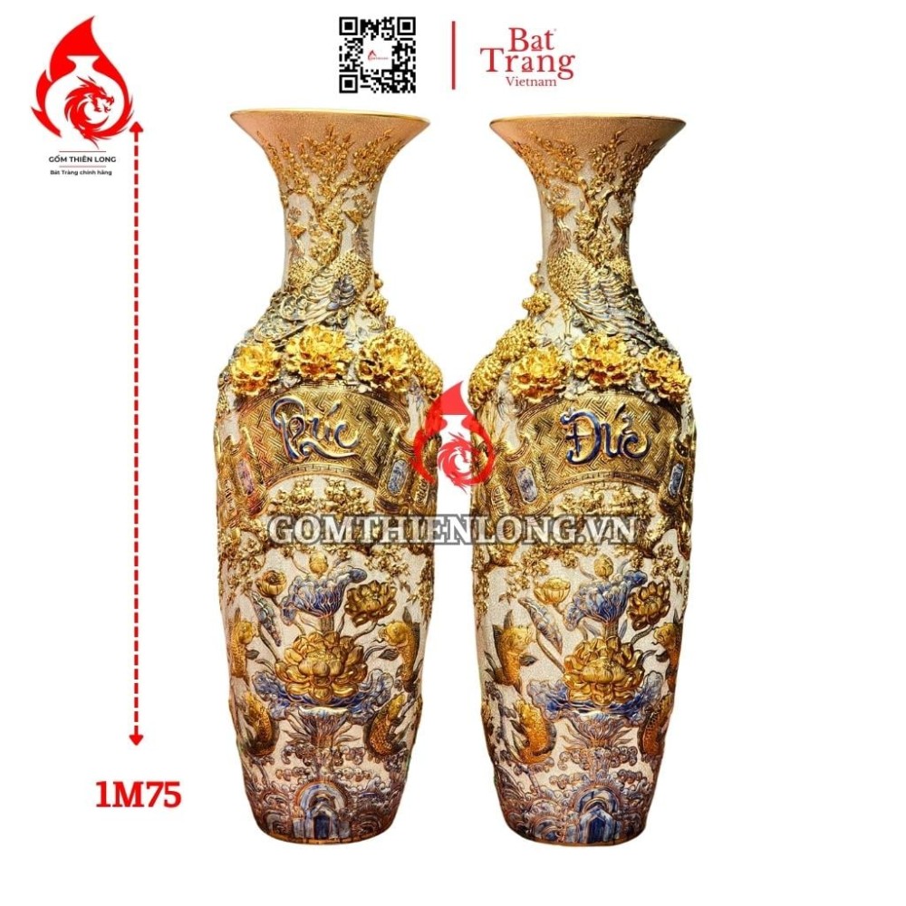 Lộc Bình Bát Tràng Vẽ Vàng Đắp Nổi Phúc Đức 230124