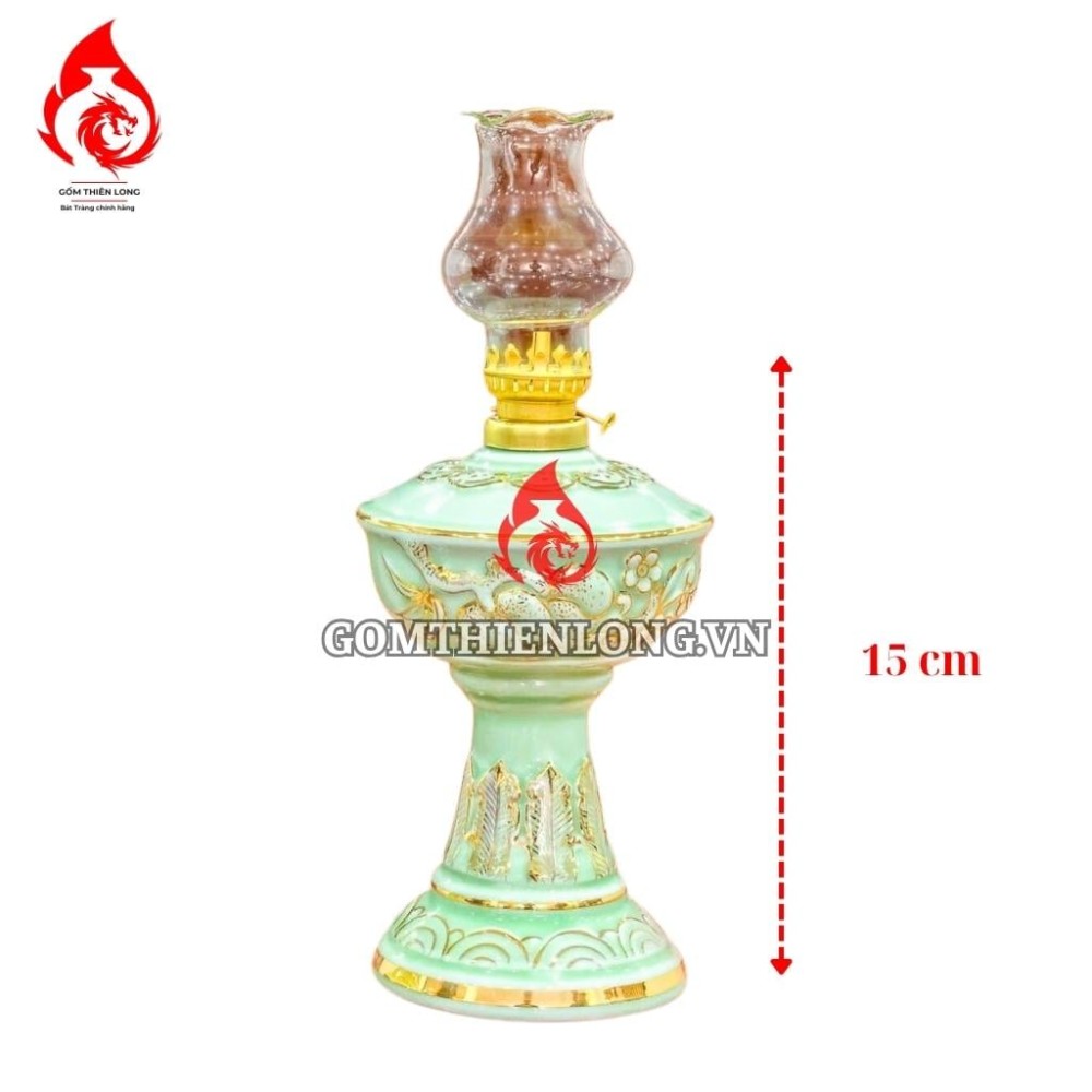 Đèn Dầu Thờ Bát Tràng Men Xanh Ngọc Bích Vẽ Vàng 230172