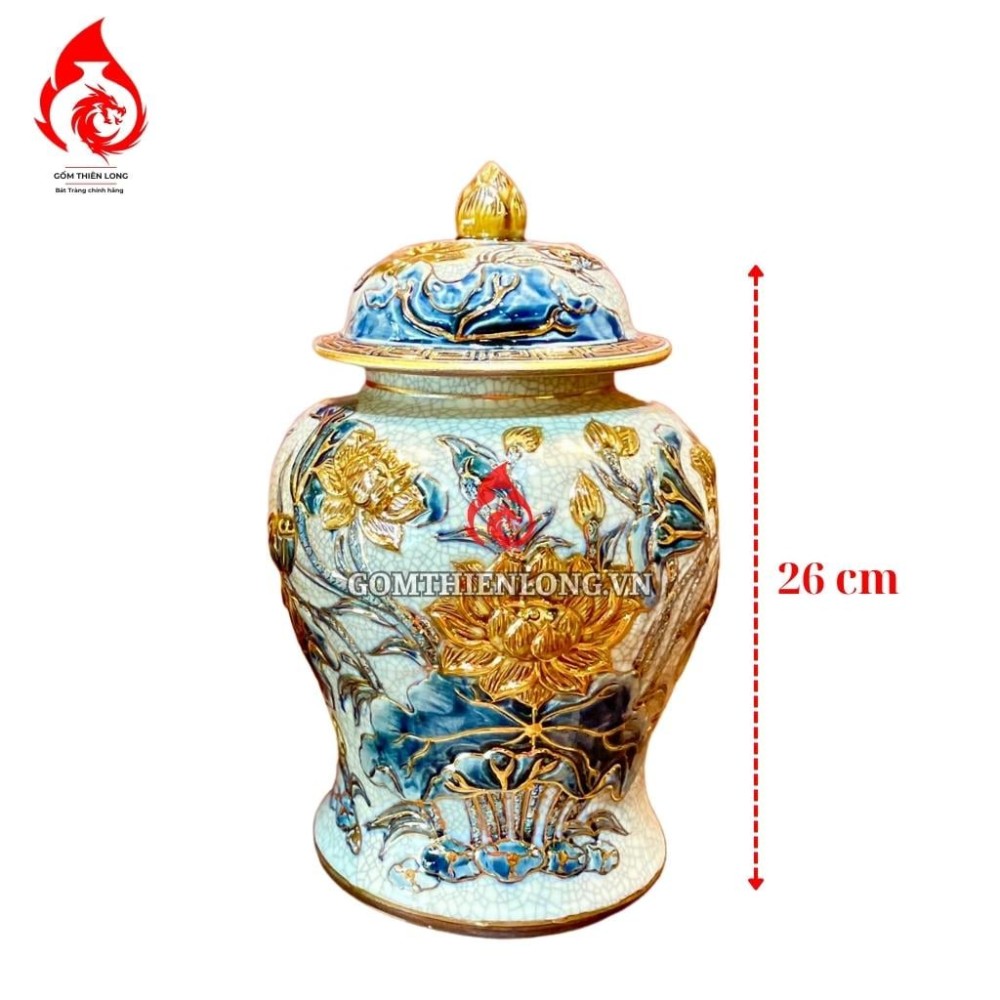 Chóe Thờ Bát Tràng Men Rạn Đắp Nổi Vẽ Vàng Hoa Sen 230232S