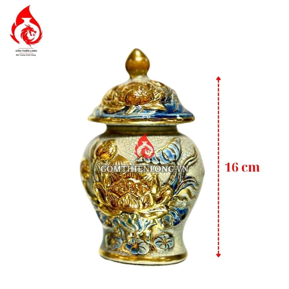 Chóe Thờ Bát Tràng Men Rạn Đắp Nổi Vẽ Vàng Hoa Sen 230234