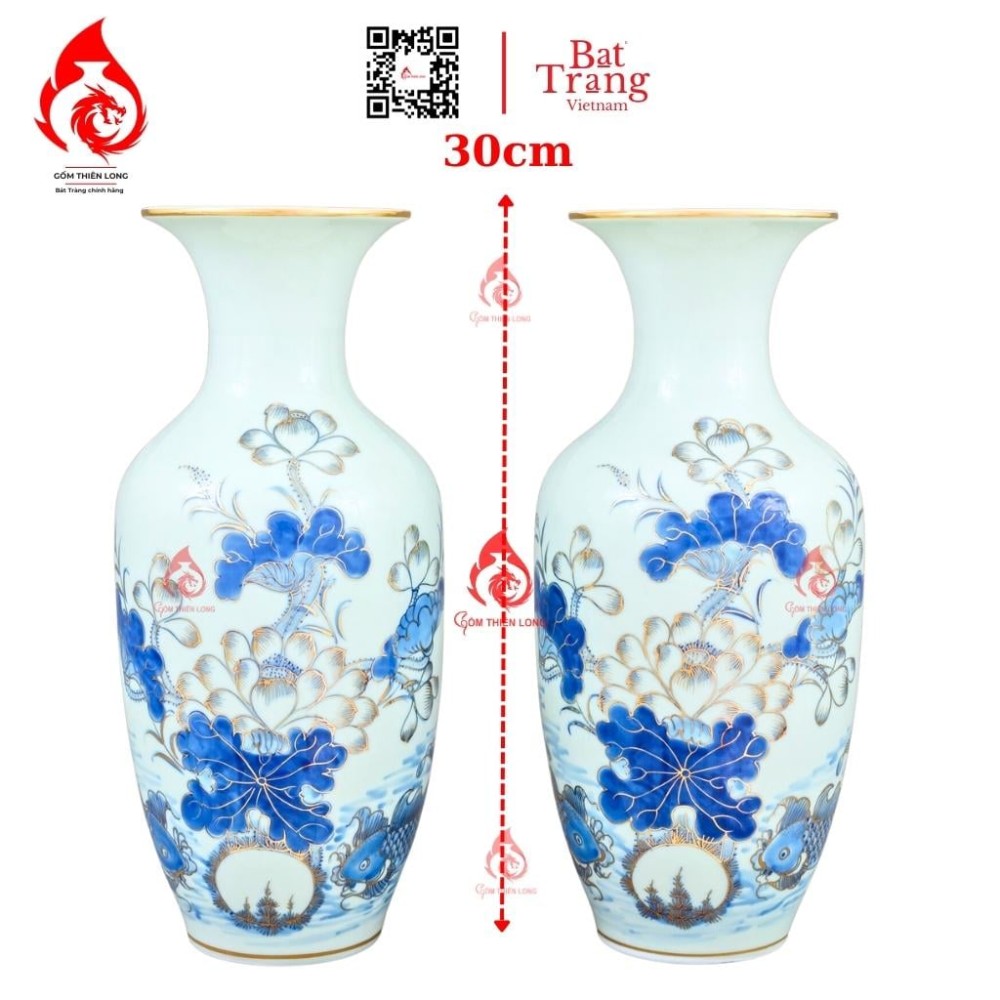 Lộc Bình Bát Tràng Men Lam Vẽ Vàng Sen Cá 230956