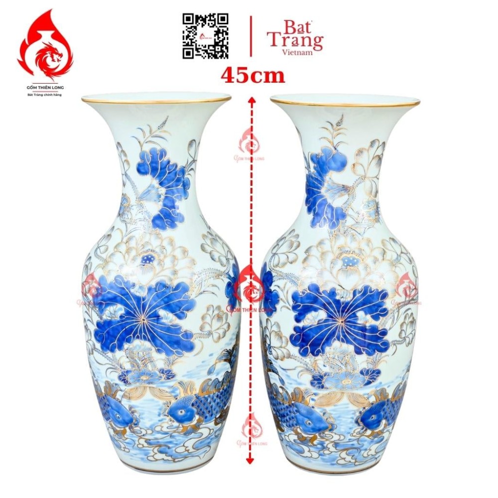 Lộc Bình Bát Tràng Men Lam Vẽ Vàng Sen Cá 230956