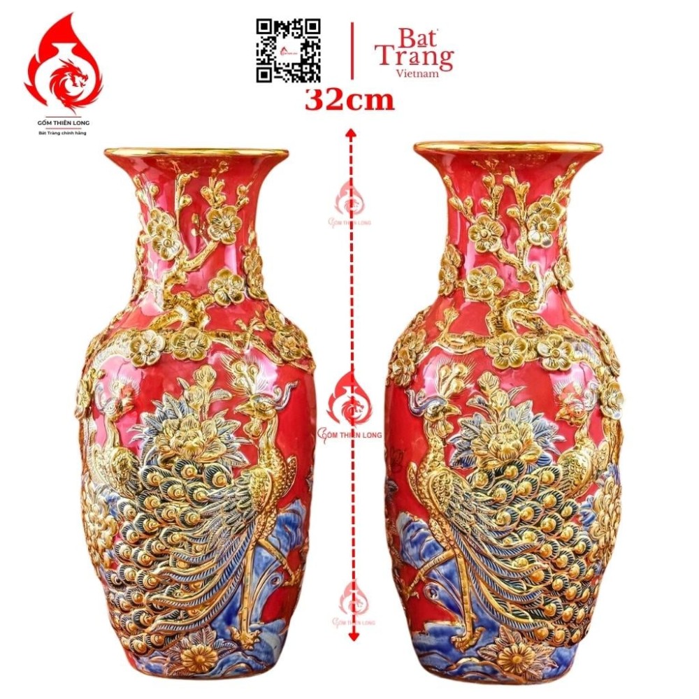 Lộc Bình Bát Tràng Men Đỏ Vẽ Vàng Công Đào 230971