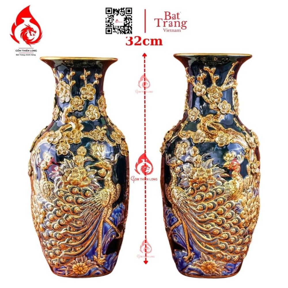 Lộc Bình Bát Tràng Men Xanh Coban Vẽ Vàng Công Đào 230972