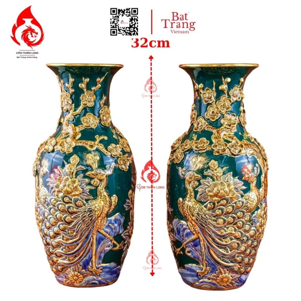 Lộc Bình Bát Tràng Men Xanh Lục Bảo Vẽ Vàng Công Đào 230973