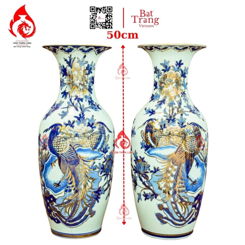 Lộc Bình Bát Tràng Vẽ Vàng Phù Dung Chim Trĩ 230991