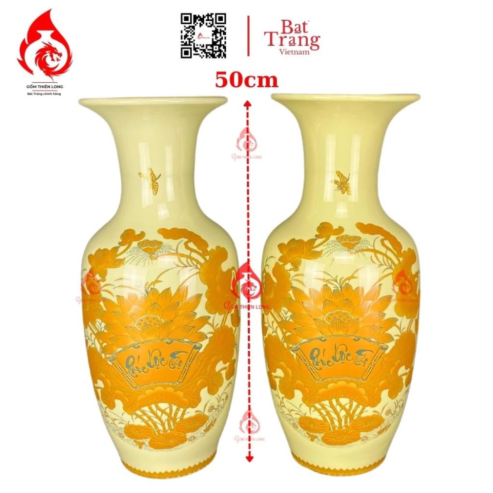 Lộc Bình Bát Tràng Men Vàng Sen Phúc Lộc Thọ 231001