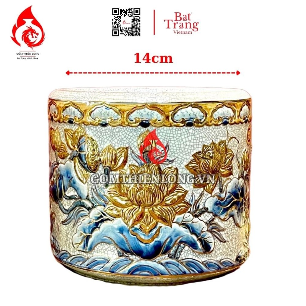 Bát Hương Vẽ Vàng Men Rạn Đắp Nổi Hoa Sen 231005