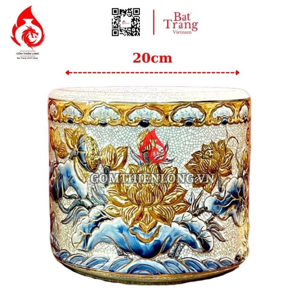 Bát Hương Vẽ Vàng Men Rạn Đắp Nổi Hoa Sen 231005