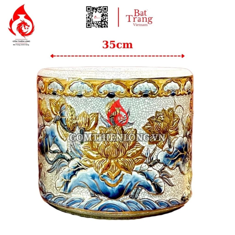 Bát Hương Vẽ Vàng Men Rạn Đắp Nổi Hoa Sen 231005