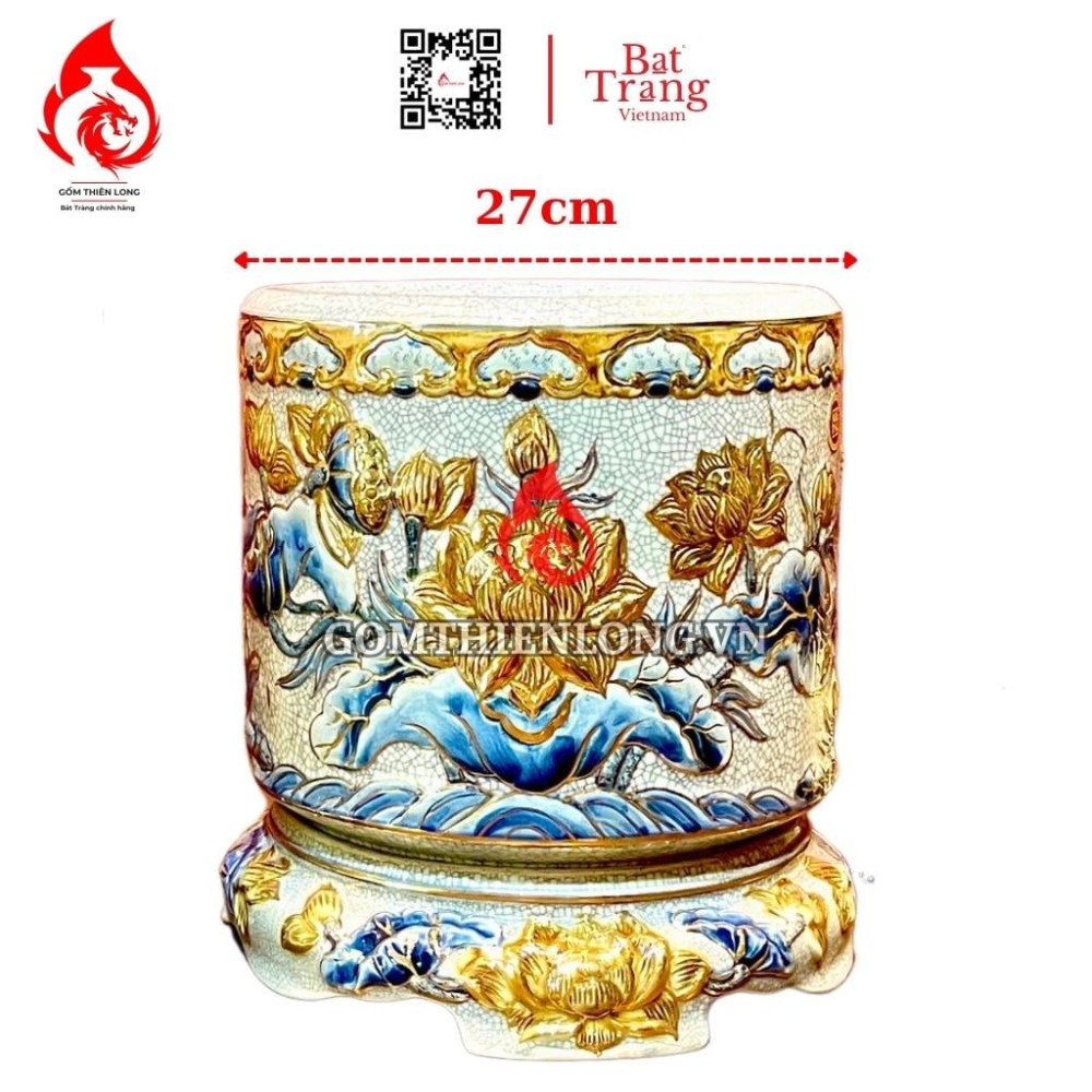 Bát Hương Vẽ Vàng Men Rạn Hoa Sen Kèm Đế 231006