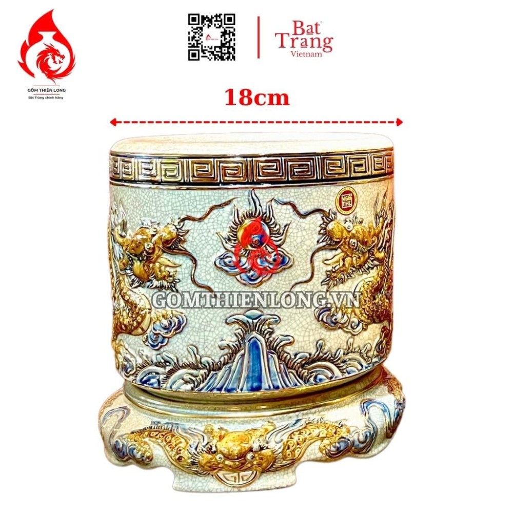 Bát Hương Vẽ Vàng Men Rạn Đắp Nổi Rồng Kèm Đế 231008