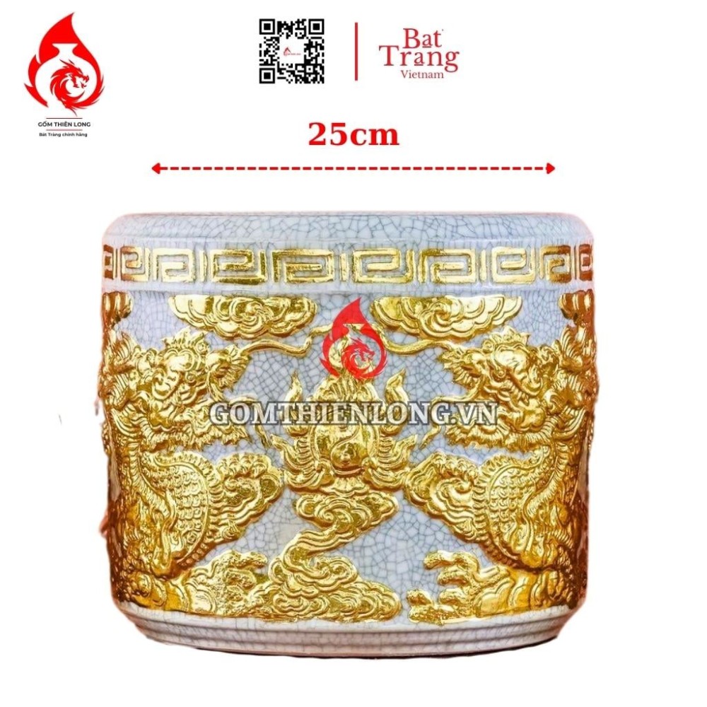 Bát Hương Dát Vàng Men Rạn Đắp Nổi Rồng 231011