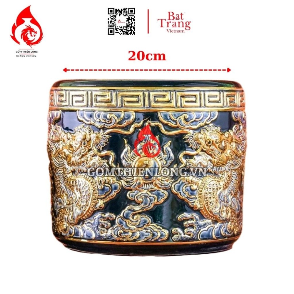 Bát Hương Vẽ Vàng Màu Xanh Coban Đắp Nổi Rồng 231014