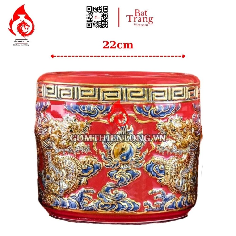 Bát Hương Vẽ Vàng Màu Đỏ Đắp Nổi Rồng 231015