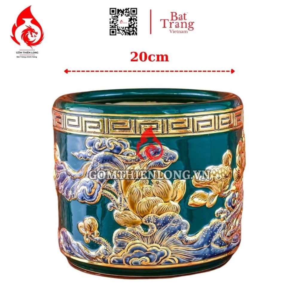 Bát Hương Vẽ Vàng Màu Xanh Đắp Nổi Hoa Sen 231016