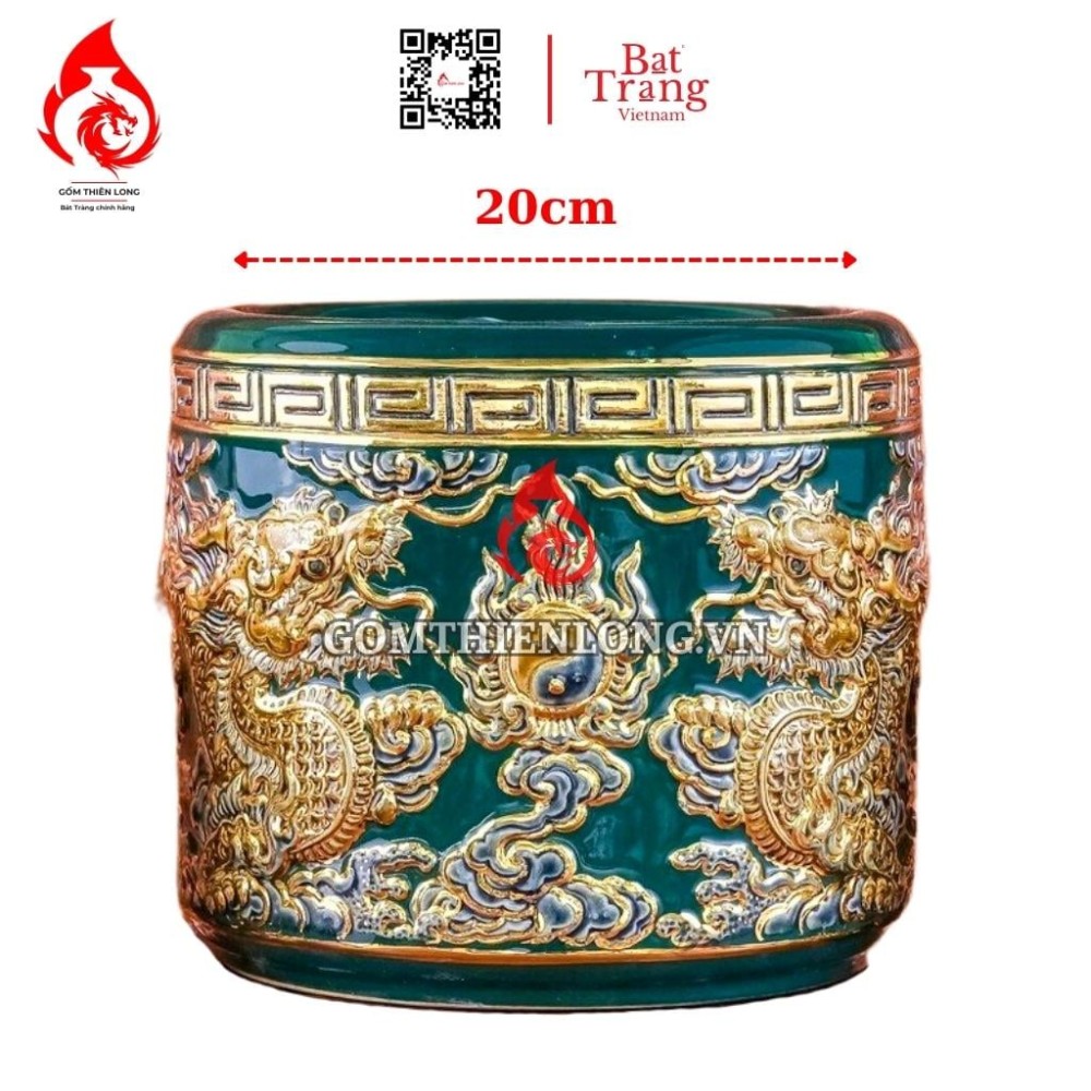 Bát Hương Vẽ Vàng Màu Xanh Đắp Nổi Rồng 231017