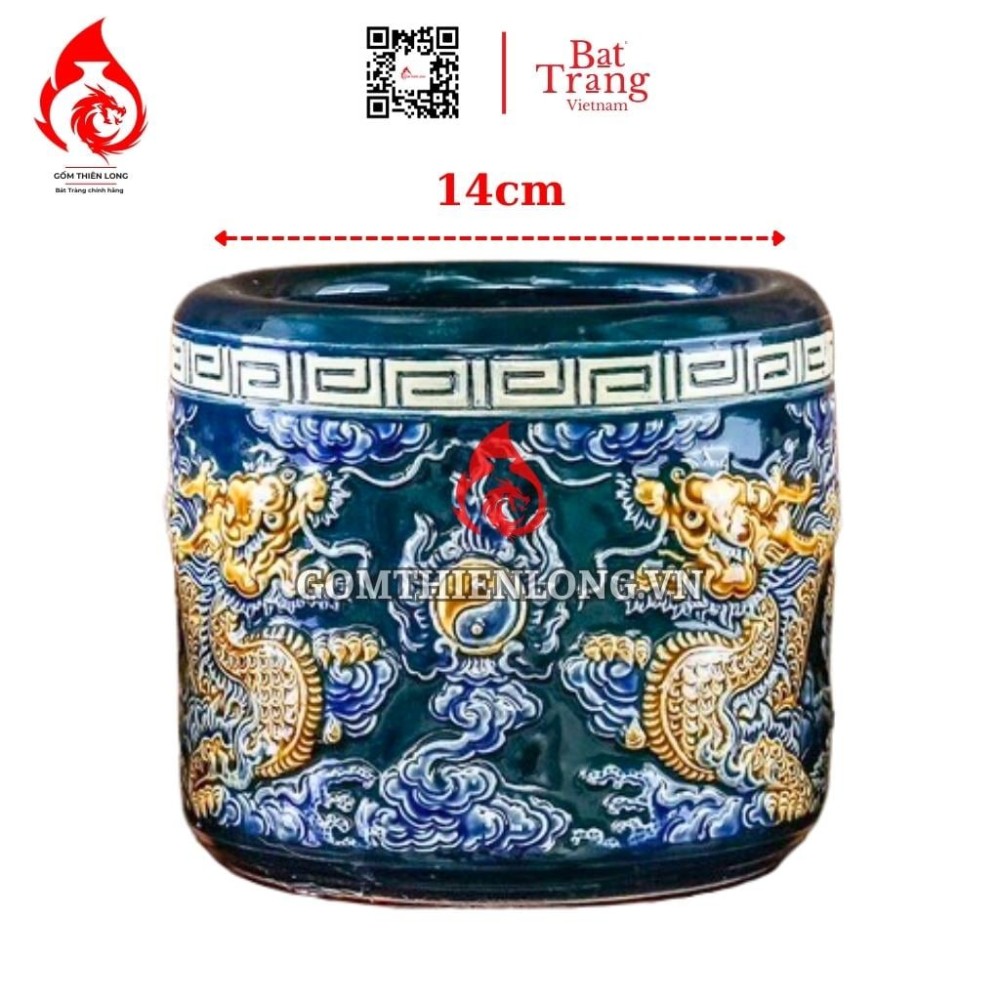 Bát Hương Màu Xanh Coban Đắp Nổi Rồng 231018