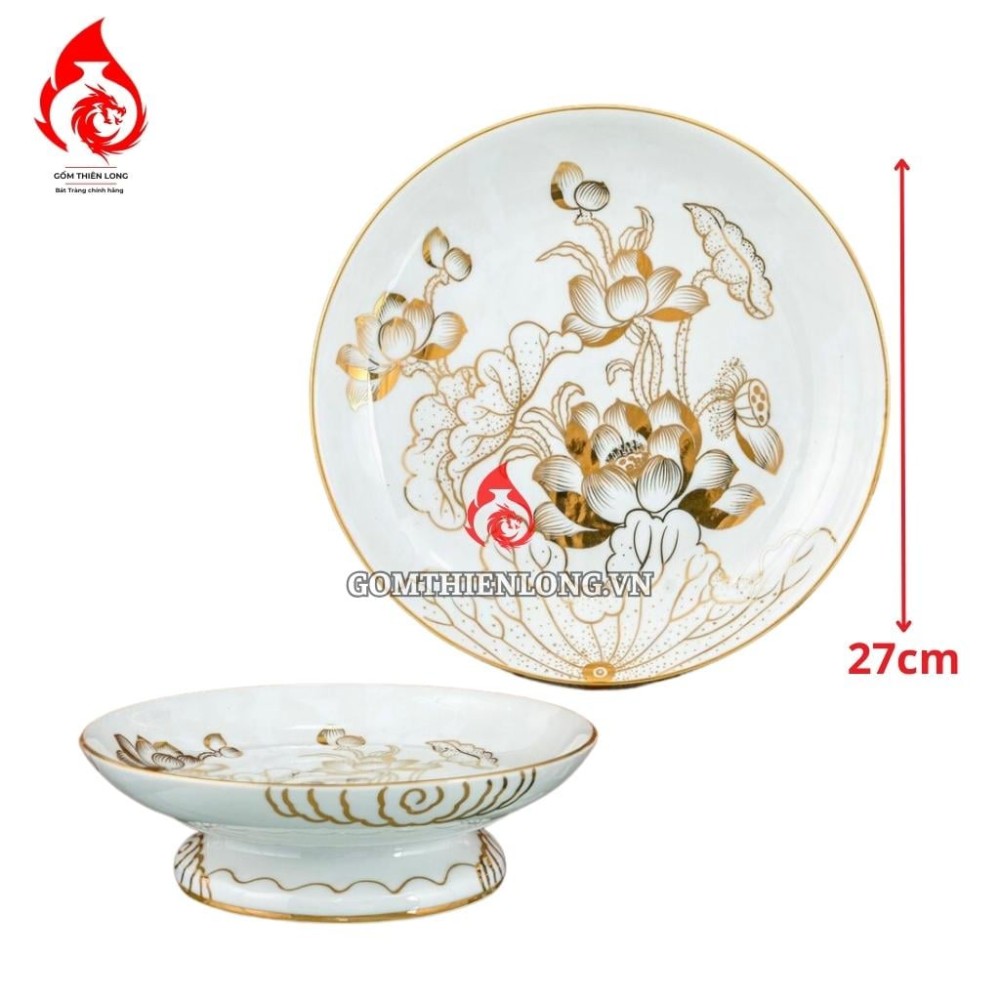 Mâm Bồng Sứ Bát Tràng Vẽ Vàng Hoàng Kim Hoa Sen 231036