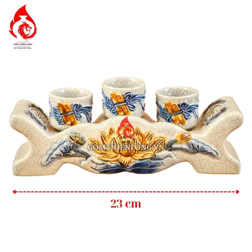 Bộ Kỷ Chén Thờ Men Rạn Đắp Nổi Hoa Sen 231039