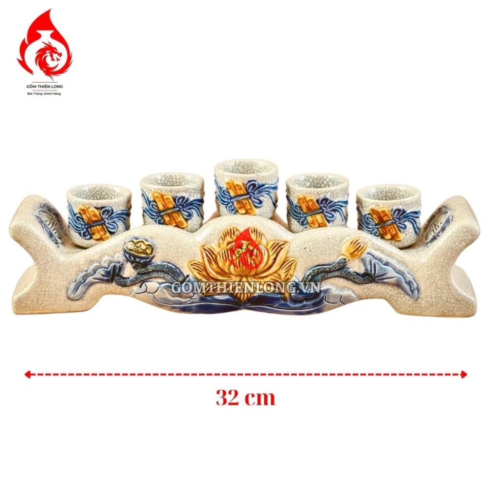 Bộ Kỷ Chén Thờ Men Rạn Đắp Nổi Hoa Sen 231039