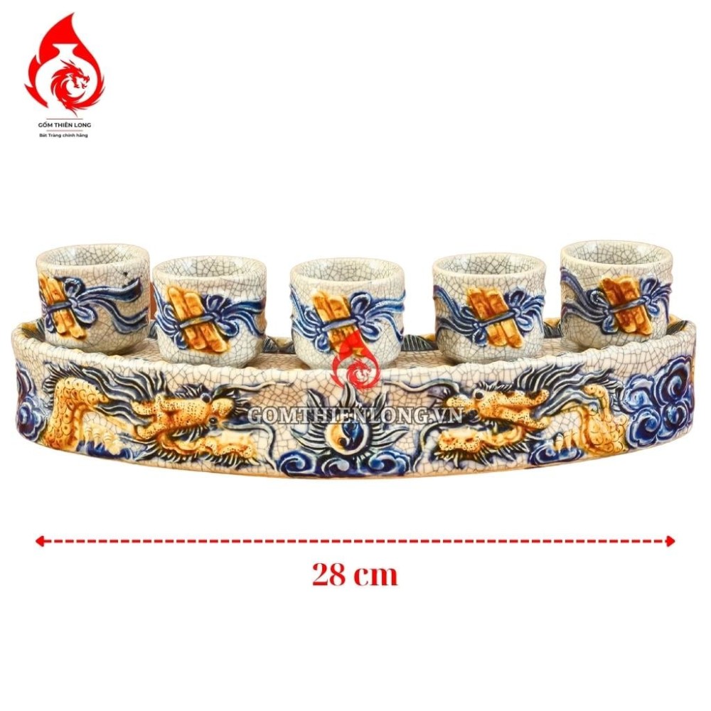 Bộ Kỷ Chén Thờ Men Rạn Đắp Nổi Long Chầu Nguyệt 231040
