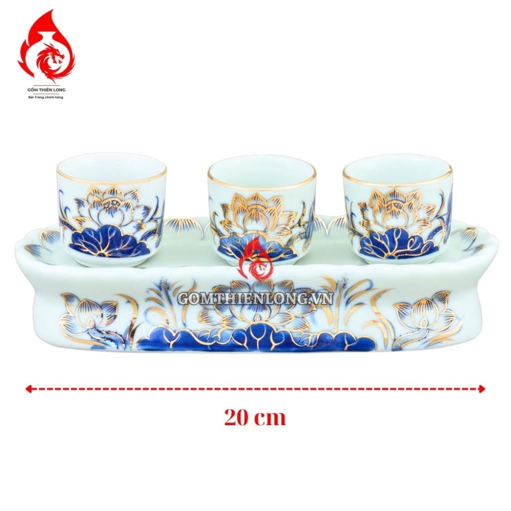 Bộ Kỷ Chén Thờ Men Lam Vẽ Vàng Hoa Sen 231047