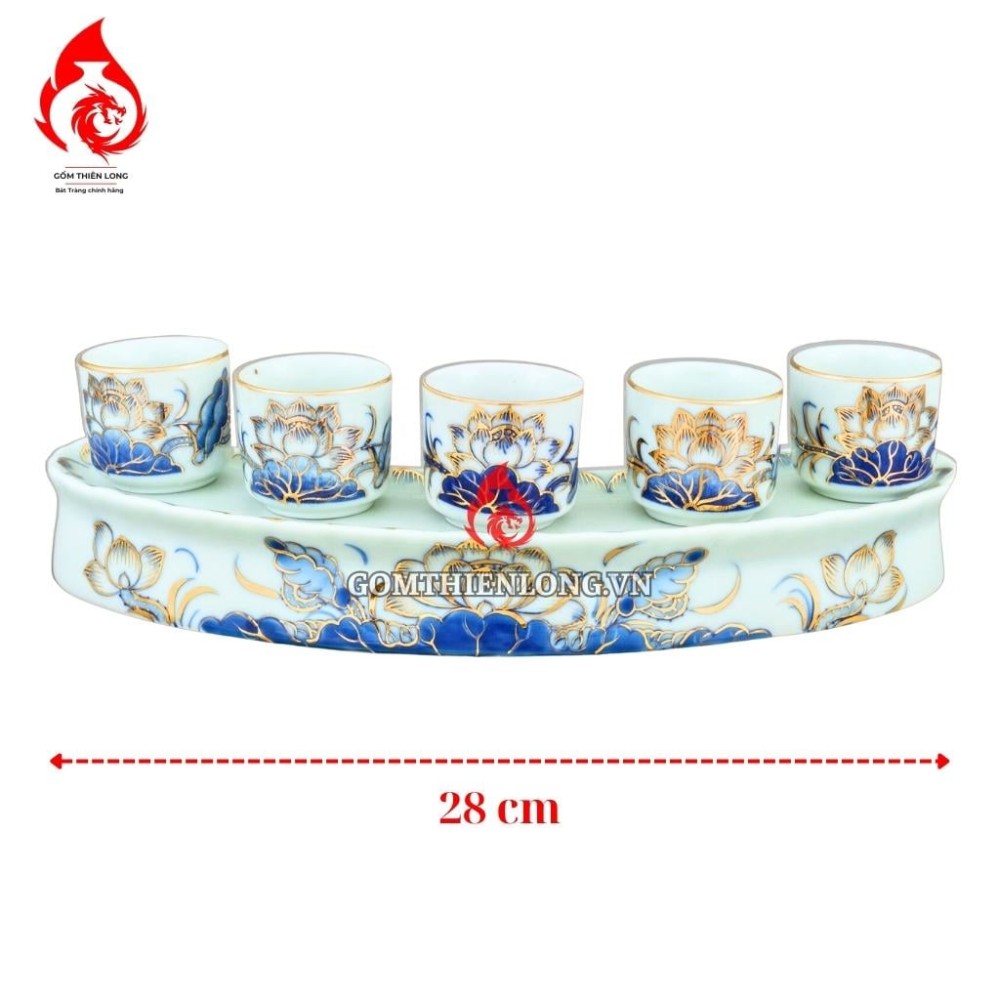 Bộ Kỷ Chén Thờ Men Lam Vẽ Vàng Hoa Sen 231047