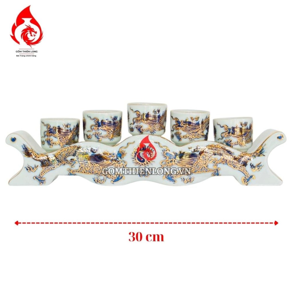 Bộ Kỷ Chén Thờ Men Lam Vẽ Vàng Long Chầu Nguyệt 231048