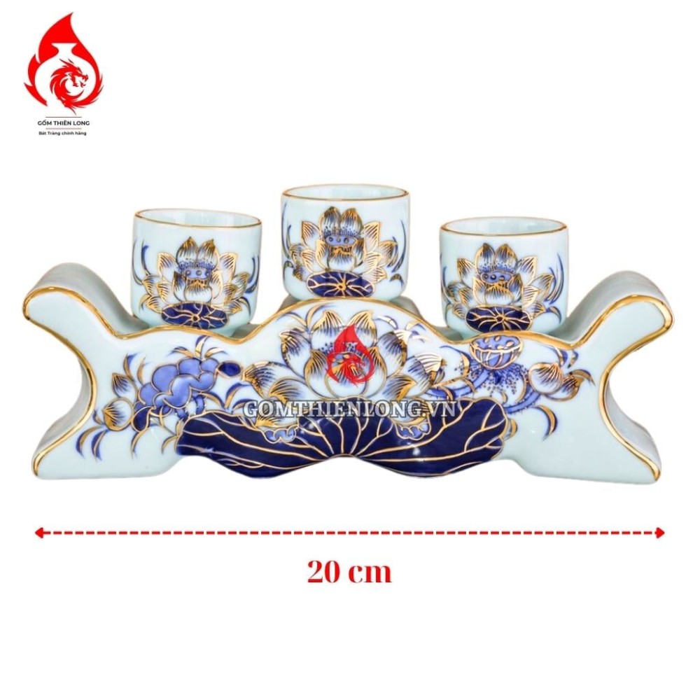 Bộ Kỷ Chén Thờ Men Lam Ngọc Vẽ Vàng Hoa Sen 231049