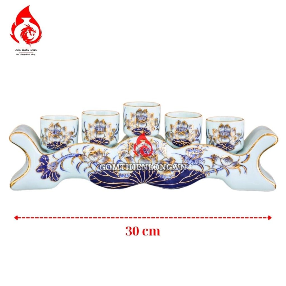 Bộ Kỷ Chén Thờ Men Lam Ngọc Vẽ Vàng Hoa Sen 231049