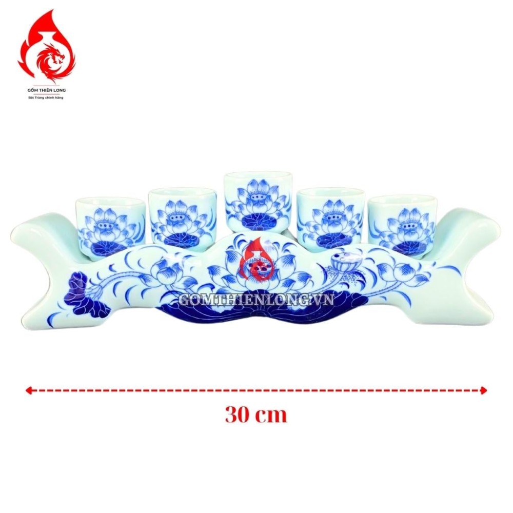 Bộ Kỷ Chén Thờ Men Lam Ngọc Vẽ Hoa Sen 231054