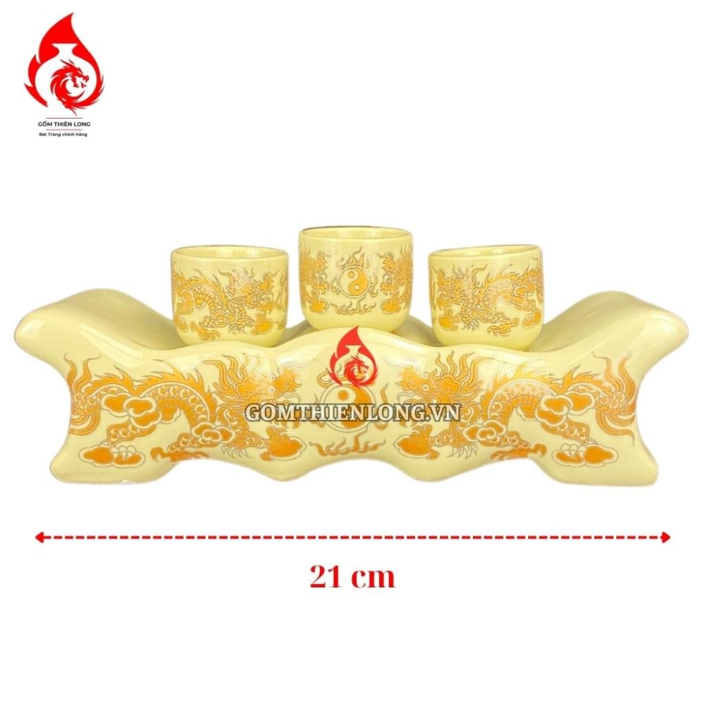 Bộ Kỷ Chén Thờ Men Vàng Vẽ Long Chầu Nguyệt 231056