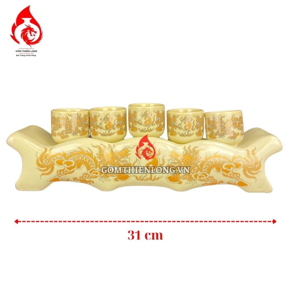 Bộ Kỷ Chén Thờ Men Vàng Vẽ Long Chầu Nguyệt 231056