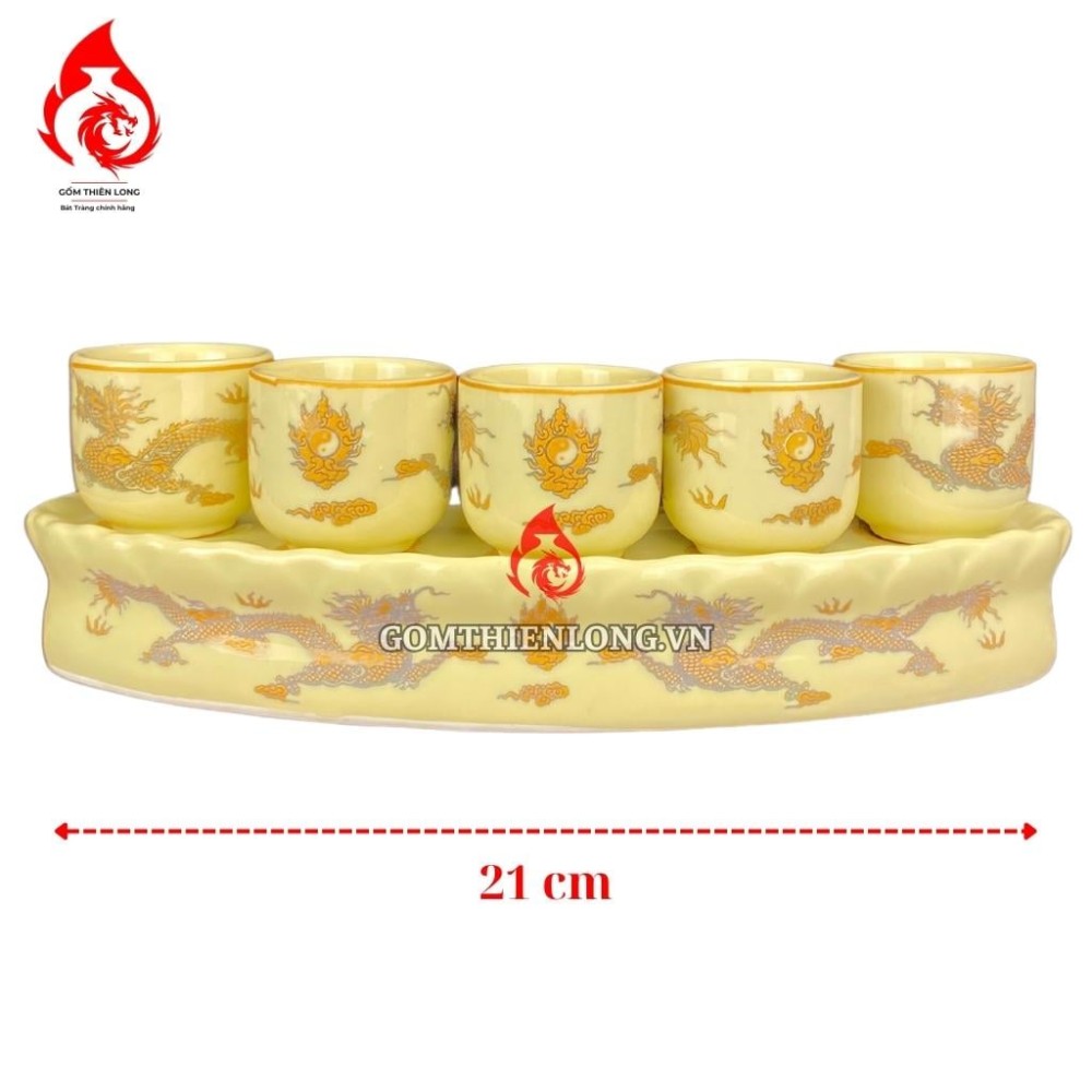 Bộ Kỷ Chén Thờ Men Vàng Vẽ Long Chầu Nguyệt 231057