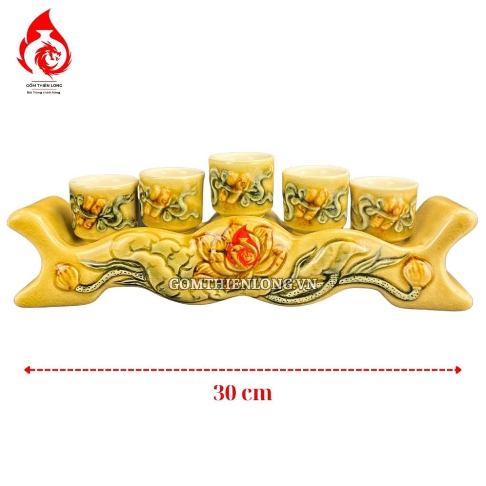 Bộ Kỷ Chén Thờ Men Rạn Vàng Đắp Nổi Hoa Sen 231060