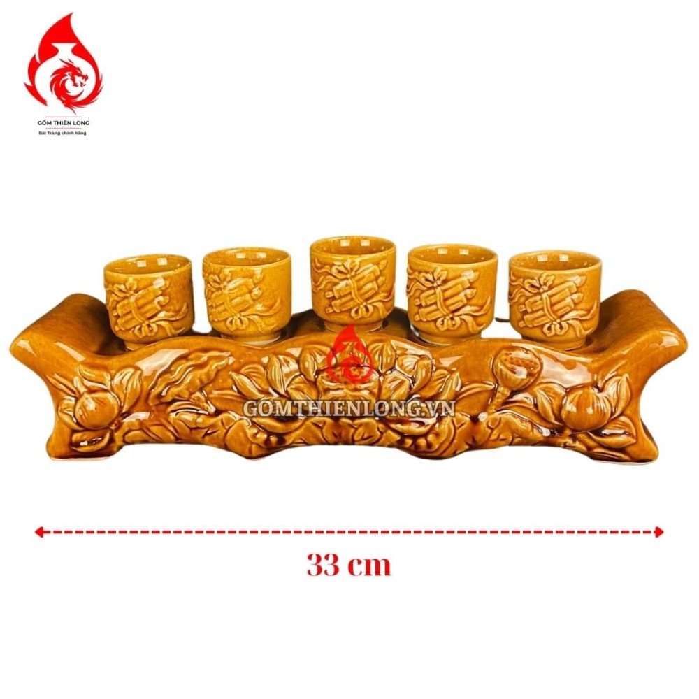 Bộ Kỷ Chén Thờ Men Vàng Hoàng Thổ Đắp Hoa Sen 231062