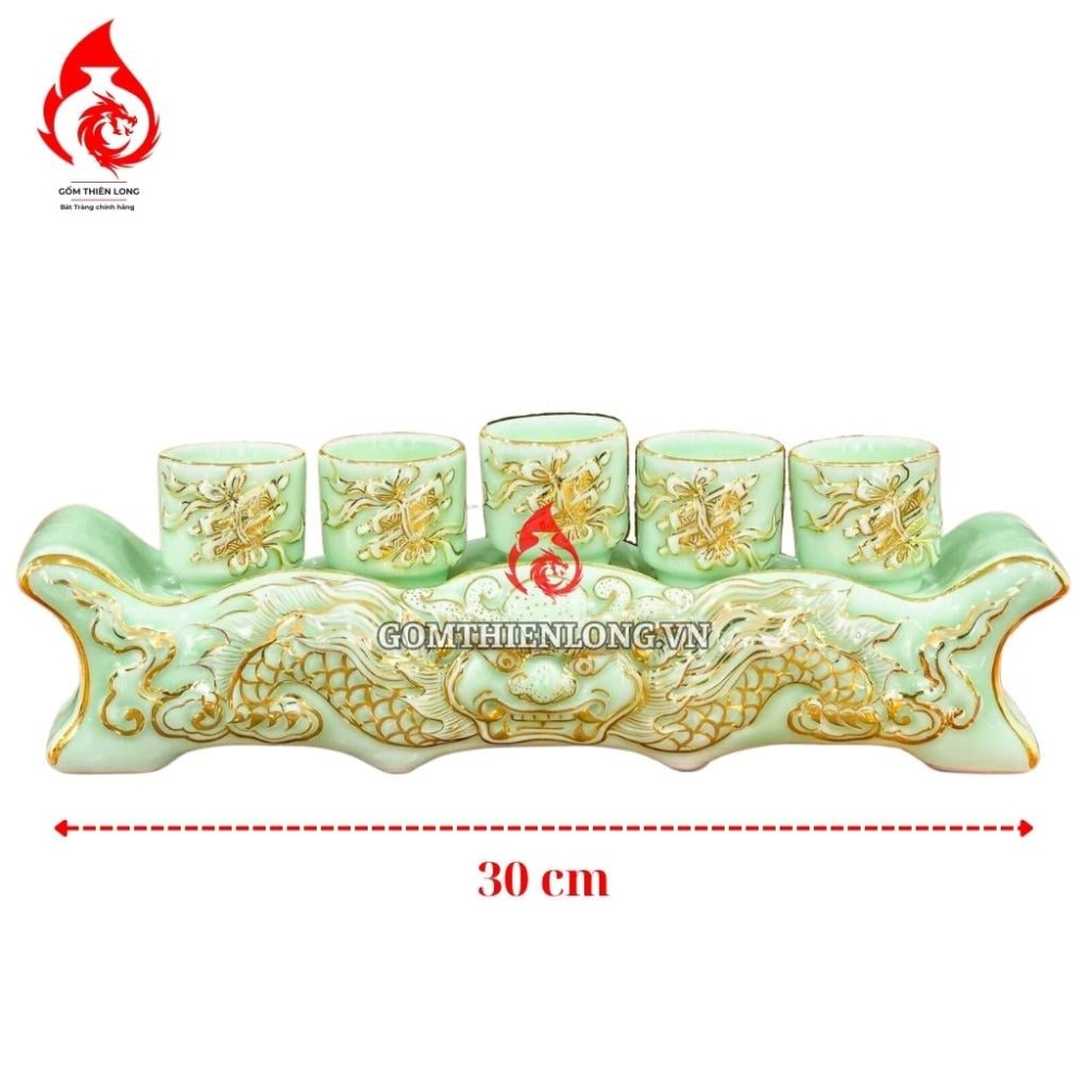 Bộ Kỷ Chén Thờ Men Xanh Ngọc Bích Vẽ Vàng 231068
