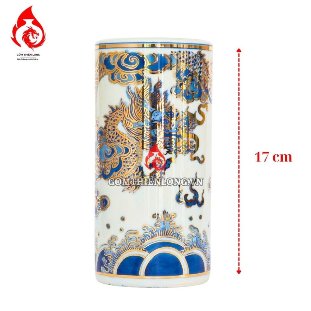 Ống Đựng Nhang Bát Tràng Men Lam Vẽ Vàng Long Vân 231076