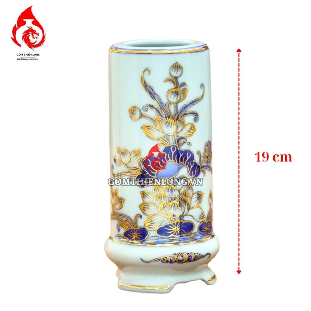 Ống Đựng Nhang Bát Tràng Men Lam Vẽ Vàng Hoa Sen 231079