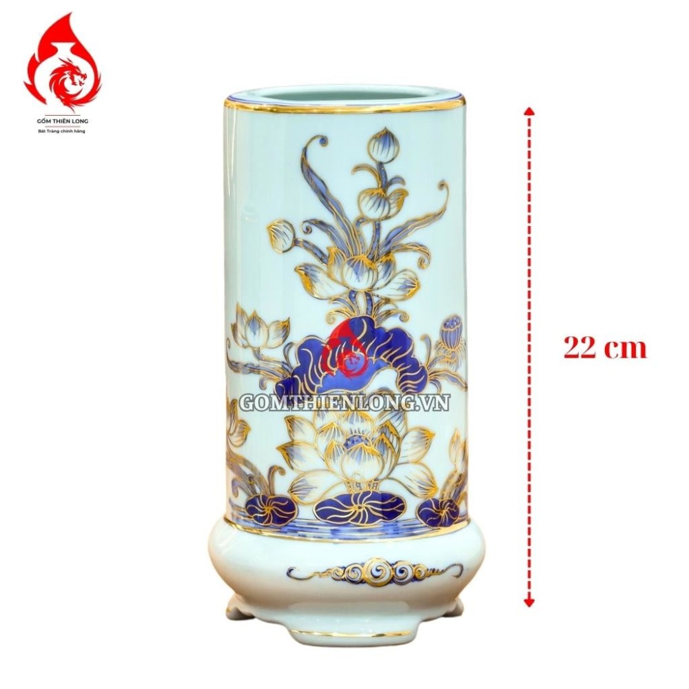Ống Đựng Nhang Bát Tràng Men Lam Vẽ Vàng Hoa Sen 231079