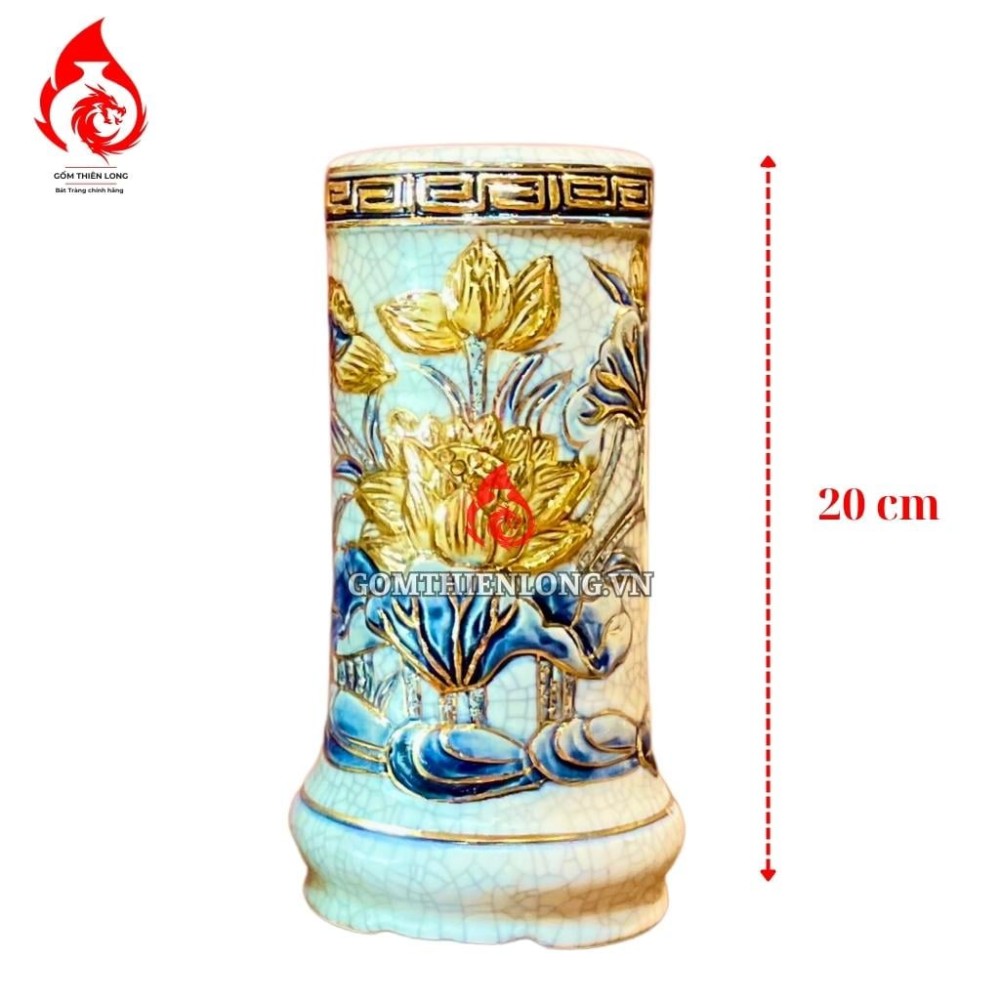 Ống Đựng Nhang Bát Tràng Men Rạn Đắp Nổi Vẽ Vàng Hoa Sen 231080