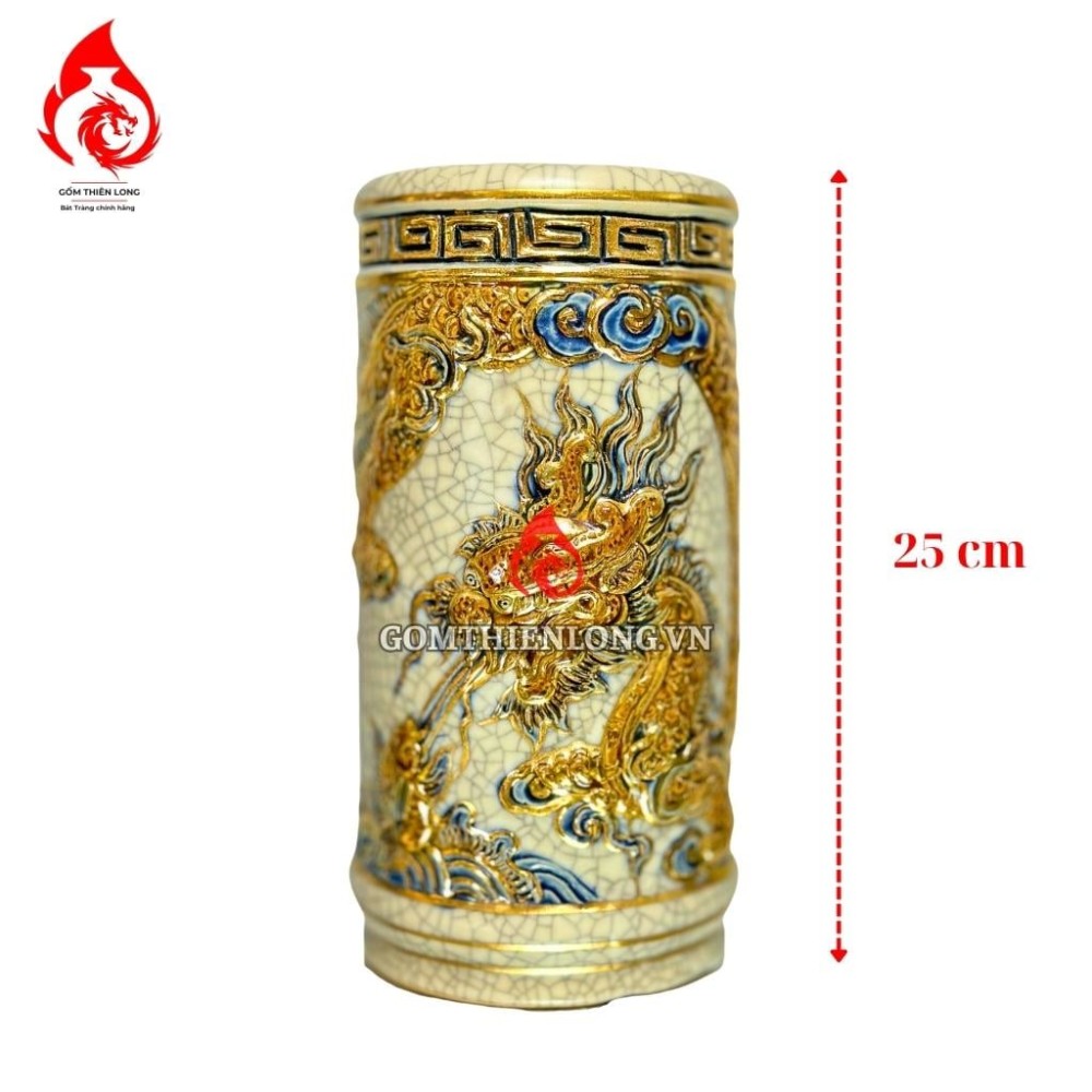 Ống Đựng Nhang Bát Tràng Men Rạn Đắp Nổi Vẽ Vàng Long Cuốn Thủy 231081