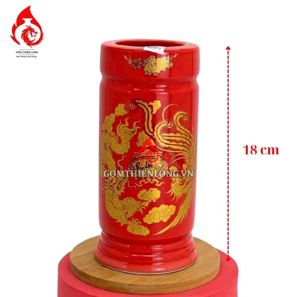 Ống Đựng Nhang Bát Tràng Màu Đỏ Vẽ Rồng Phượng 231083
