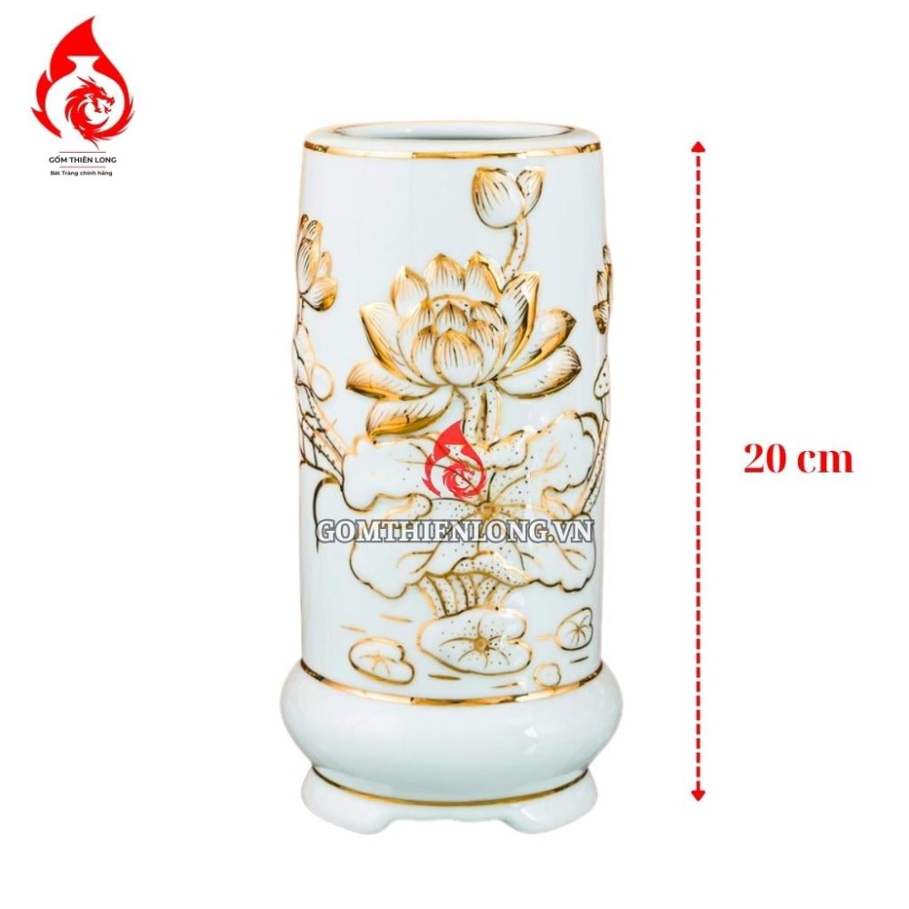 Ống Đựng Nhang Bát Tràng Men Trắng Vẽ Vàng Hoàng Kim 231090