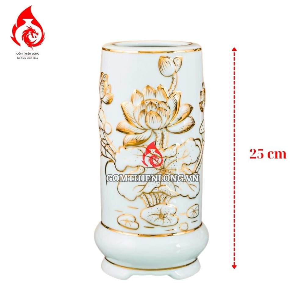 Ống Đựng Nhang Bát Tràng Men Trắng Vẽ Vàng Hoàng Kim 231090