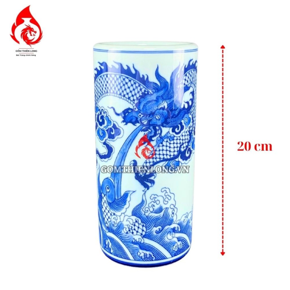 Ống Đựng Nhang Bằng Sứ Men Lam Ngọc Vẽ Long Cuốn Thủy 231091R